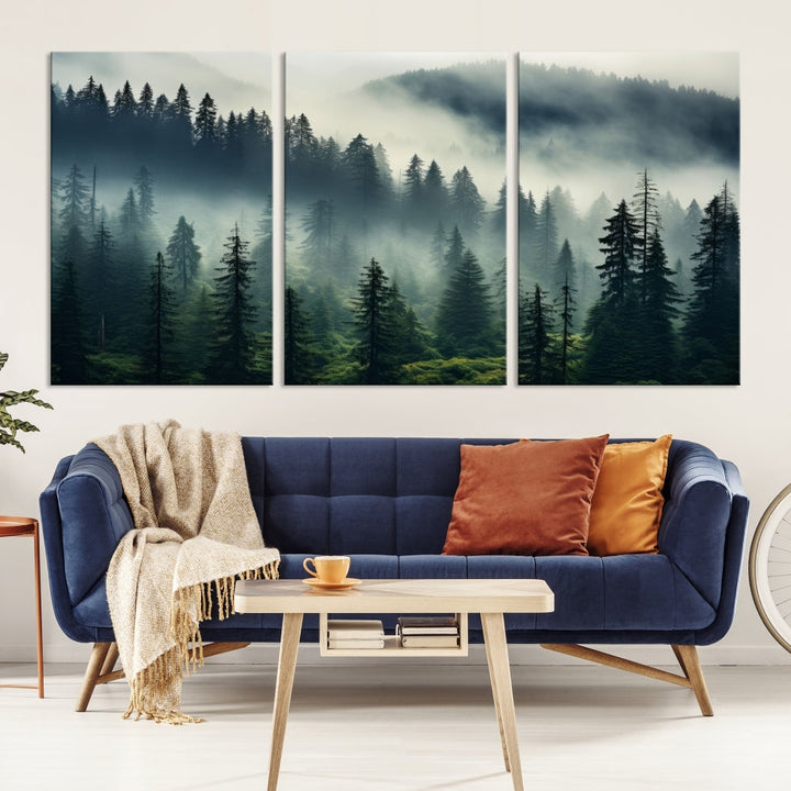 The Captivating Misty Forest Wall Art Premium Canvas Print creates a foggy and serene atmosphere in the living room. Each canvas is ready to hang and comes with a UV-protective coating to ensure lasting beauty.