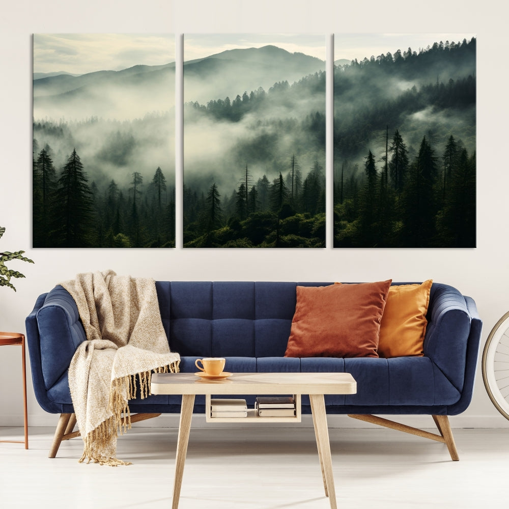 The "Captivating Misty Forest" wall art is a three-panel masterpiece that brings a foggy and serene atmosphere to the space. Printed on museum-quality canvas with a UV-protective coating, this piece offers an inviting and modern touch, ready to hang.