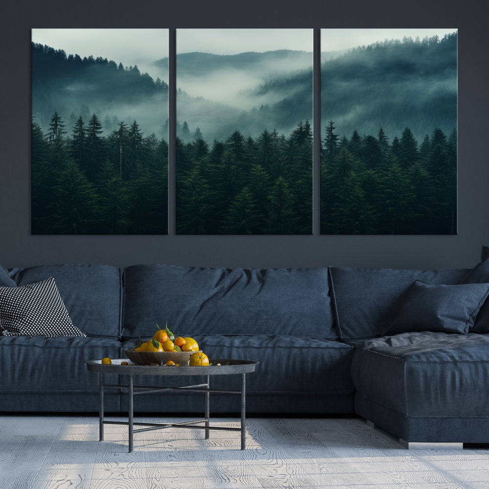 The Captivating Misty Forest Wall Art Premium Canvas Print adds a foggy and serene atmosphere to the living room with its large triptych on gallery-wrapped museum-quality canvas.