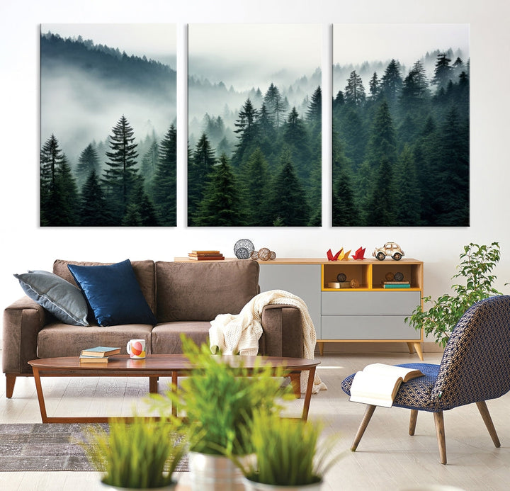 The Captivating Misty Forest Wall Art Premium Canvas Print portrays a foggy and serene atmosphere. This enchanting piece is displayed across three panels, each gallery wrapped for a seamless, sophisticated look.