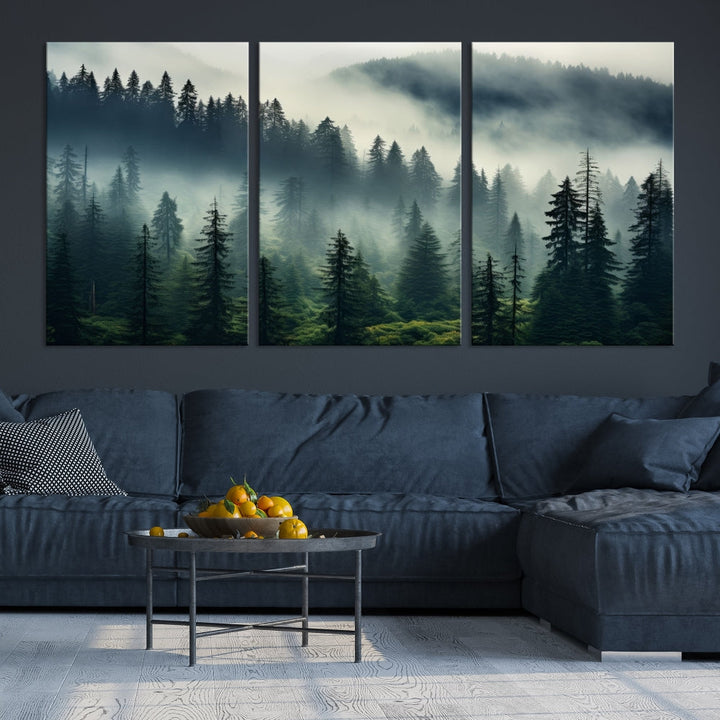 The Captivating Misty Forest Wall Art Premium Canvas Print creates a foggy and serene atmosphere in the living room. Each canvas is ready to hang and comes with a UV-protective coating to ensure lasting beauty.