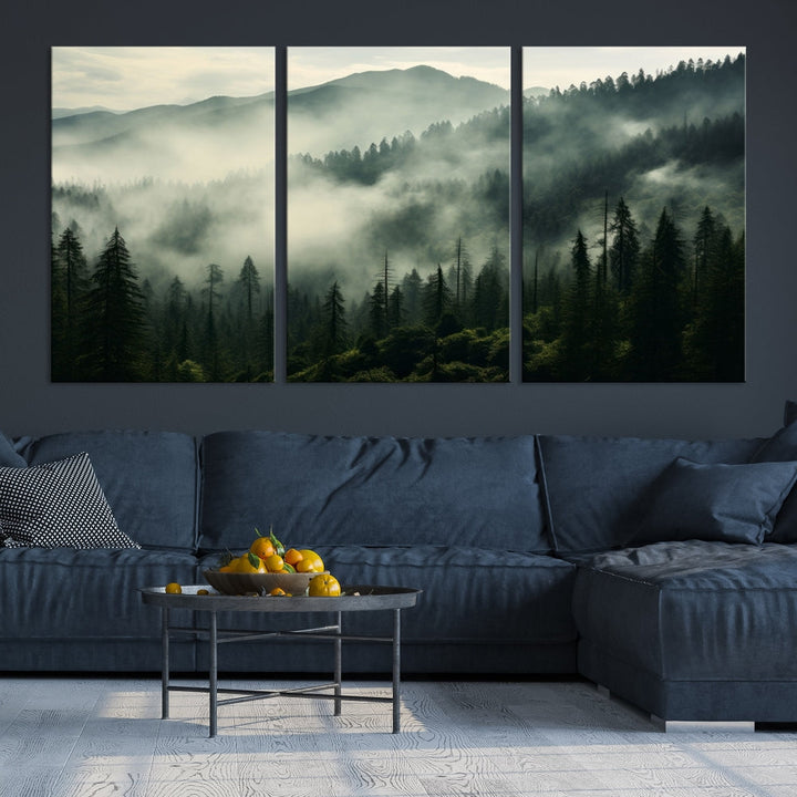 The "Captivating Misty Forest" wall art is a three-panel masterpiece that brings a foggy and serene atmosphere to the space. Printed on museum-quality canvas with a UV-protective coating, this piece offers an inviting and modern touch, ready to hang.