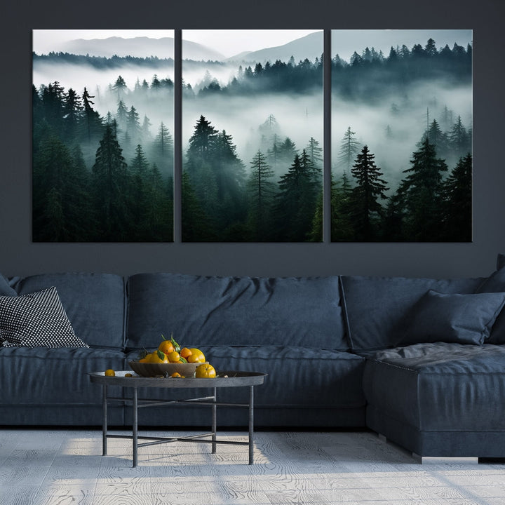 The Captivating Misty Forest Wall Art Premium Canvas Print, featuring a foggy and serene atmosphere on museum-quality canvases with a UV-protective coating, adorns the wall.