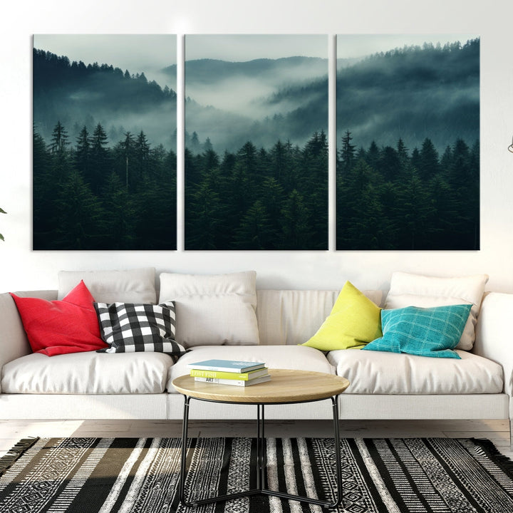 The Captivating Misty Forest Wall Art Premium Canvas Print adds a foggy and serene atmosphere to the living room with its large triptych on gallery-wrapped museum-quality canvas.