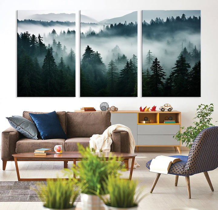 The Captivating Misty Forest Wall Art Premium Canvas Print, featuring a foggy and serene atmosphere on museum-quality canvases with a UV-protective coating, adorns the wall.