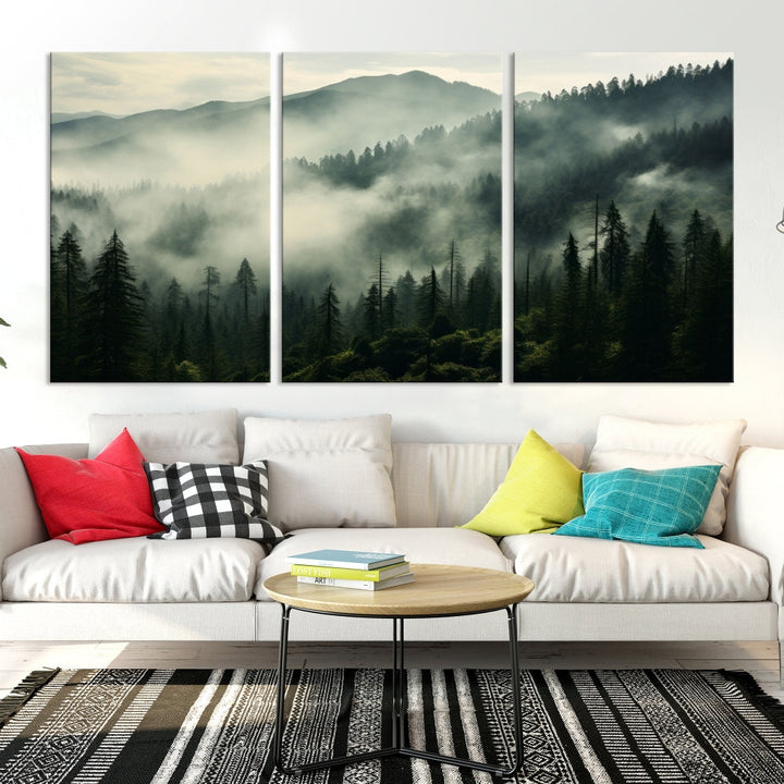 The "Captivating Misty Forest" wall art is a three-panel masterpiece that brings a foggy and serene atmosphere to the space. Printed on museum-quality canvas with a UV-protective coating, this piece offers an inviting and modern touch, ready to hang.