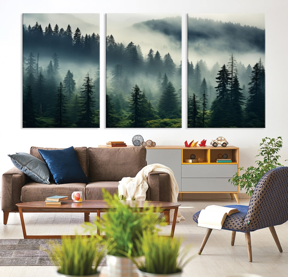 The Captivating Misty Forest Wall Art Premium Canvas Print creates a foggy and serene atmosphere in the living room. Each canvas is ready to hang and comes with a UV-protective coating to ensure lasting beauty.