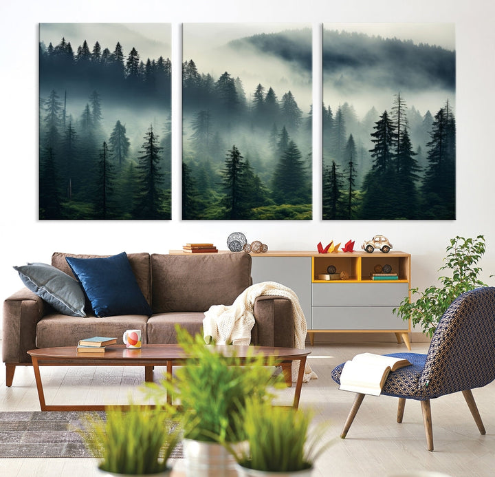 The Captivating Misty Forest Wall Art Premium Canvas Print creates a foggy and serene atmosphere in the living room. Each canvas is ready to hang and comes with a UV-protective coating to ensure lasting beauty.