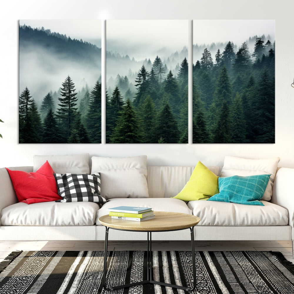 The Captivating Misty Forest Wall Art Premium Canvas Print portrays a foggy and serene atmosphere. This enchanting piece is displayed across three panels, each gallery wrapped for a seamless, sophisticated look.