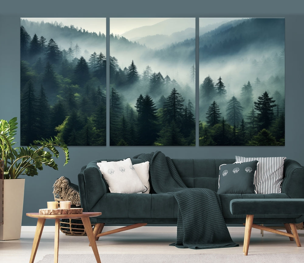 The Captivating Misty Forest Wall Art Premium Canvas Print offers a foggy and serene ambiance, enhancing the modern living room's atmosphere.