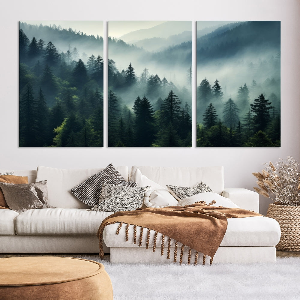 The Captivating Misty Forest Wall Art Premium Canvas Print offers a foggy and serene ambiance, enhancing the modern living room's atmosphere.