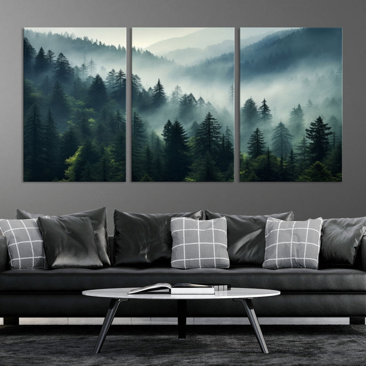 The Captivating Misty Forest Wall Art Premium Canvas Print offers a foggy and serene ambiance, enhancing the modern living room's atmosphere.