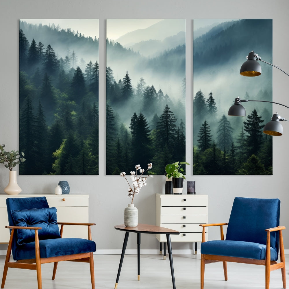 The Captivating Misty Forest Wall Art Premium Canvas Print offers a foggy and serene ambiance, enhancing the modern living room's atmosphere.