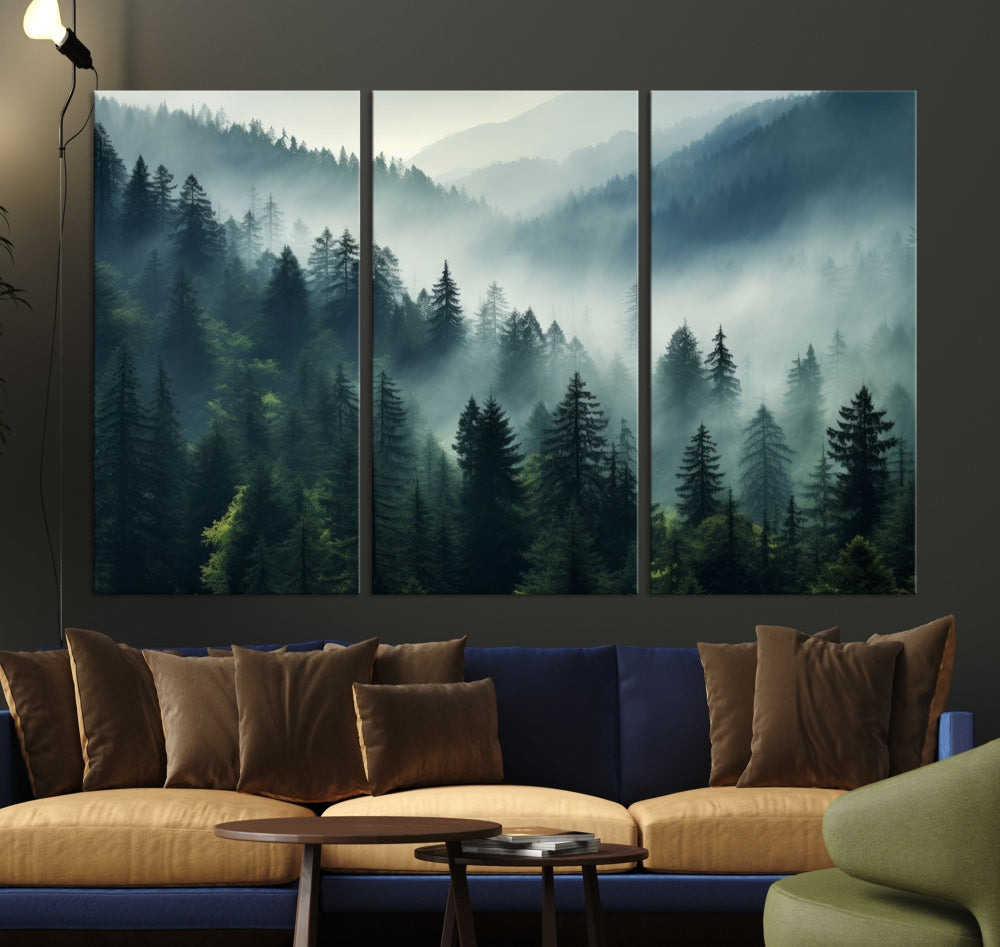 The Captivating Misty Forest Wall Art Premium Canvas Print offers a foggy and serene ambiance, enhancing the modern living room's atmosphere.