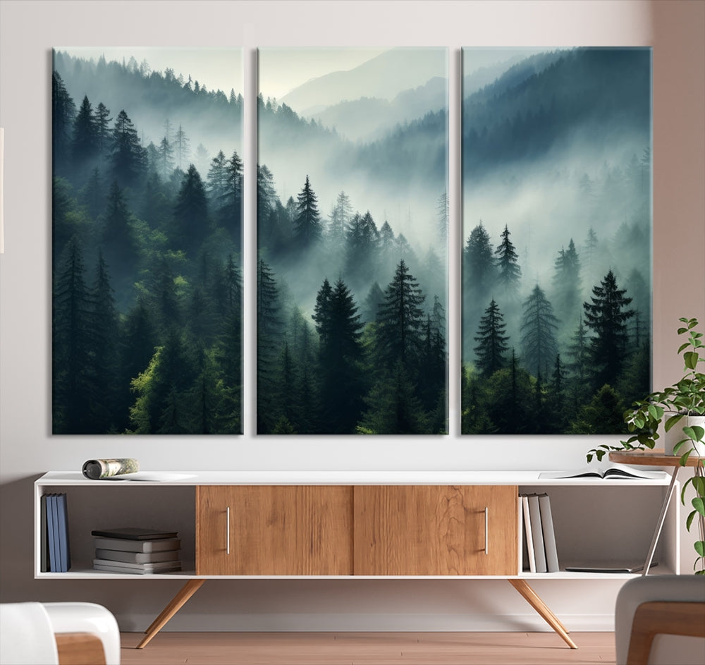 The Captivating Misty Forest Wall Art Premium Canvas Print offers a foggy and serene ambiance, enhancing the modern living room's atmosphere.