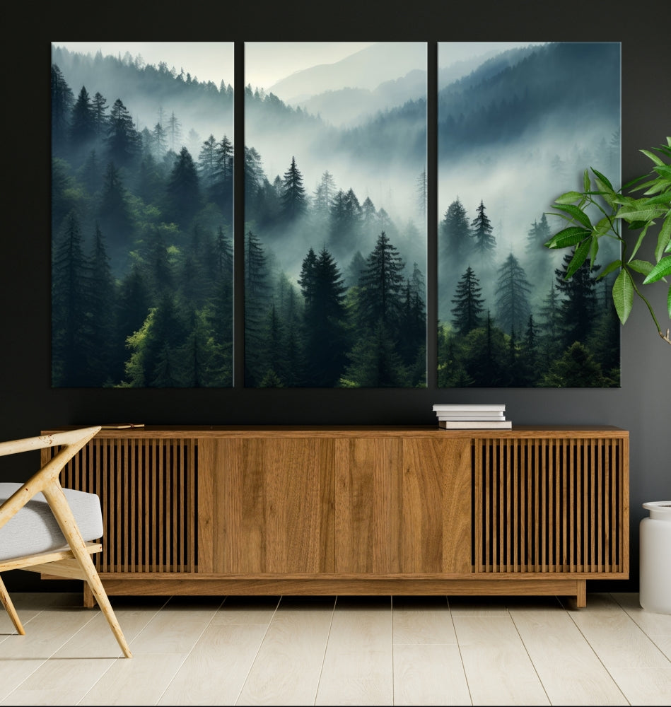 The Captivating Misty Forest Wall Art Premium Canvas Print offers a foggy and serene ambiance, enhancing the modern living room's atmosphere.