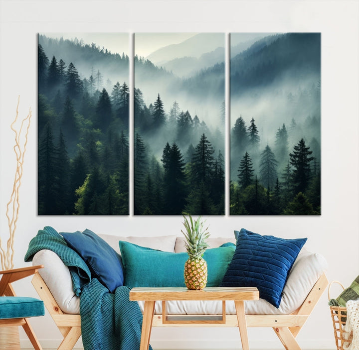 The Captivating Misty Forest Wall Art Premium Canvas Print offers a foggy and serene ambiance, enhancing the modern living room's atmosphere.