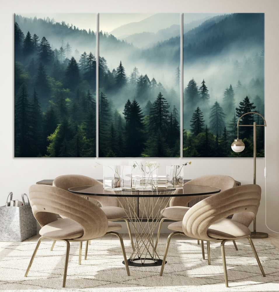 The Captivating Misty Forest Wall Art Premium Canvas Print offers a foggy and serene ambiance, enhancing the modern living room's atmosphere.