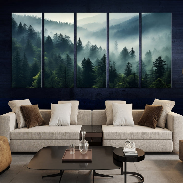 The Captivating Misty Forest Wall Art Premium Canvas Print offers a foggy and serene ambiance, enhancing the modern living room's atmosphere.