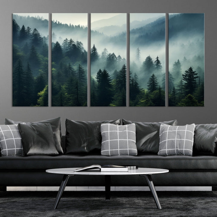 The Captivating Misty Forest Wall Art Premium Canvas Print offers a foggy and serene ambiance, enhancing the modern living room's atmosphere.