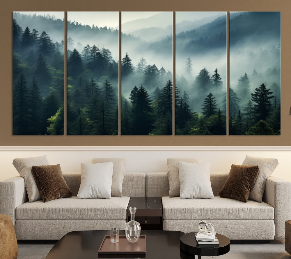 The Captivating Misty Forest Wall Art Premium Canvas Print offers a foggy and serene ambiance, enhancing the modern living room's atmosphere.