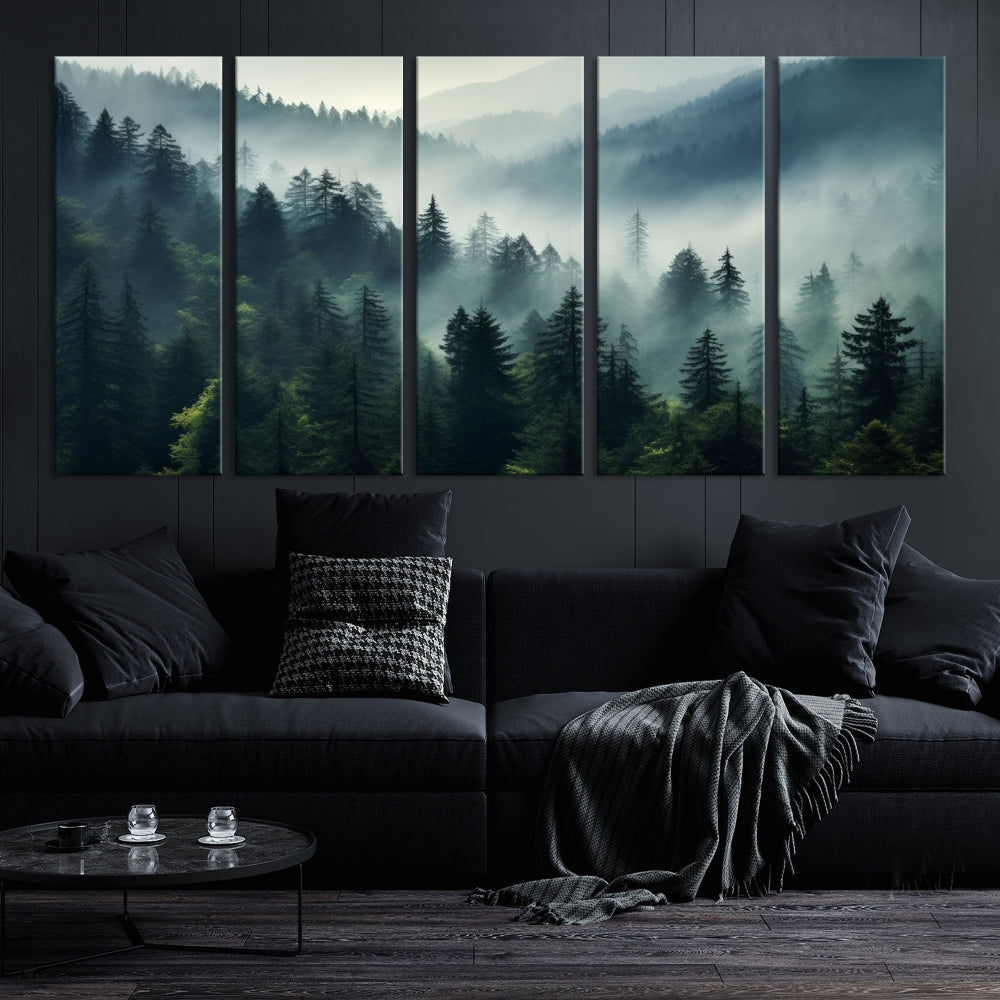 The Captivating Misty Forest Wall Art Premium Canvas Print offers a foggy and serene ambiance, enhancing the modern living room's atmosphere.