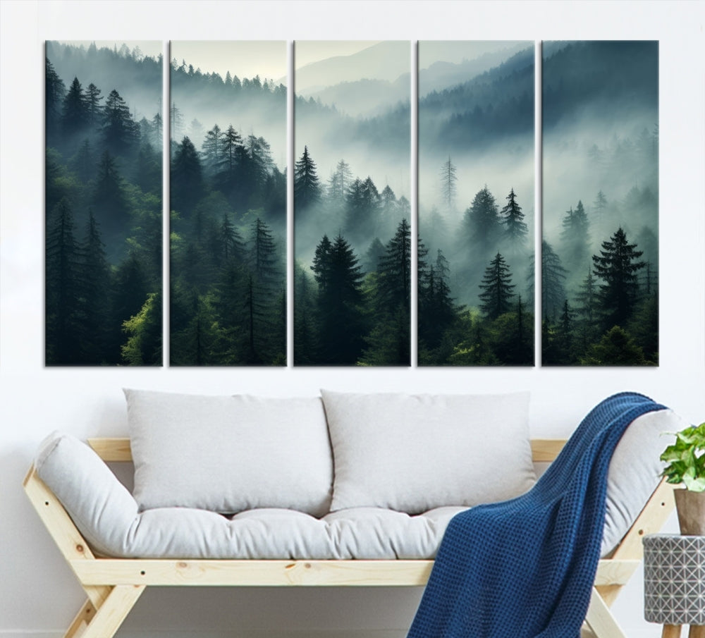 The Captivating Misty Forest Wall Art Premium Canvas Print offers a foggy and serene ambiance, enhancing the modern living room's atmosphere.