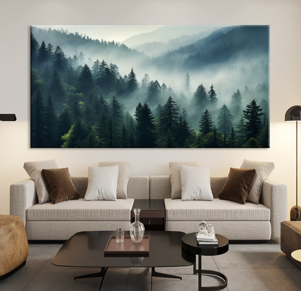 The Captivating Misty Forest Wall Art Premium Canvas Print offers a foggy and serene ambiance, enhancing the modern living room's atmosphere.