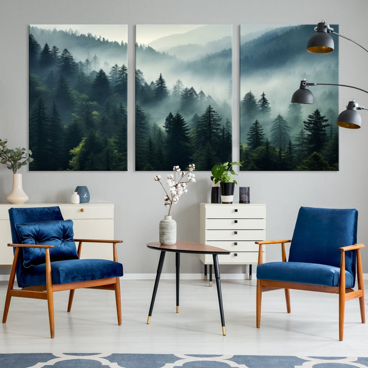 The Captivating Misty Forest Wall Art Premium Canvas Print offers a foggy and serene ambiance, enhancing the modern living room's atmosphere.