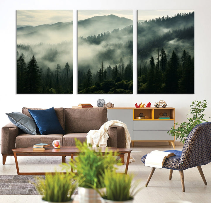 The "Captivating Misty Forest" wall art is a three-panel masterpiece that brings a foggy and serene atmosphere to the space. Printed on museum-quality canvas with a UV-protective coating, this piece offers an inviting and modern touch, ready to hang.