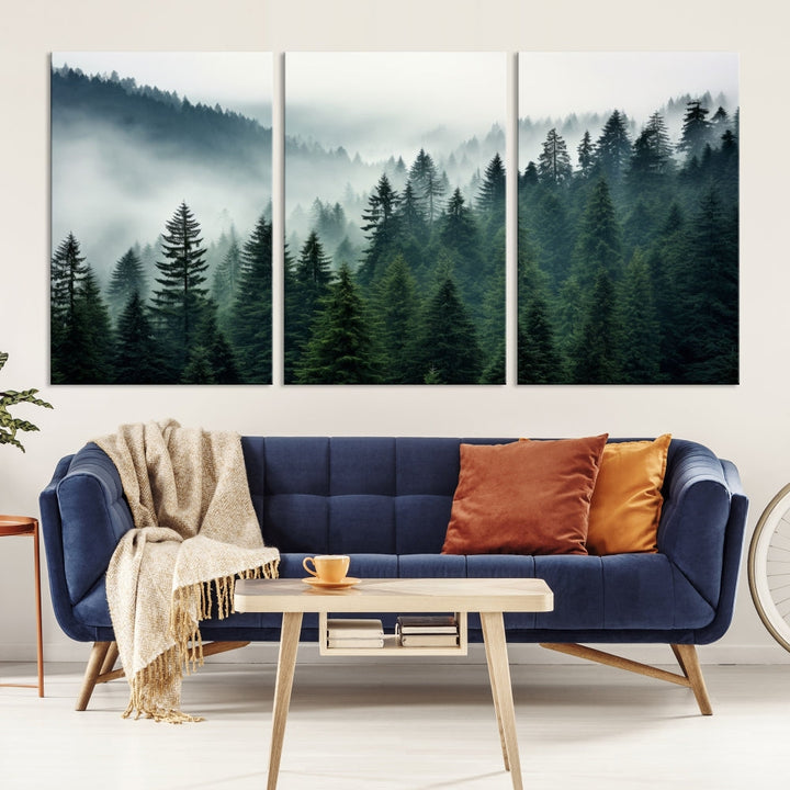 The Captivating Misty Forest Wall Art Premium Canvas Print portrays a foggy and serene atmosphere. This enchanting piece is displayed across three panels, each gallery wrapped for a seamless, sophisticated look.