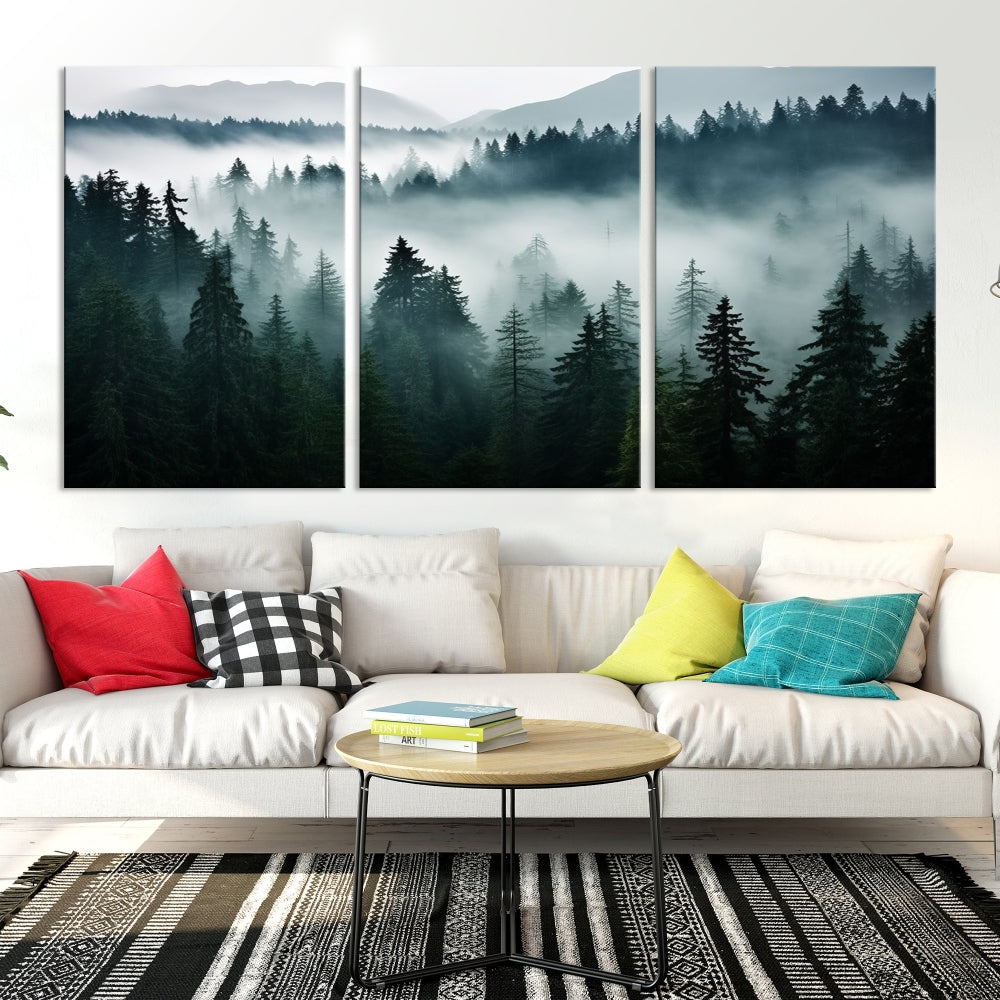 The Captivating Misty Forest Wall Art Premium Canvas Print, featuring a foggy and serene atmosphere on museum-quality canvases with a UV-protective coating, adorns the wall.