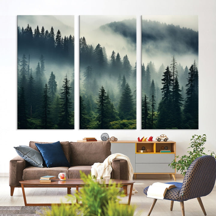 The Captivating Misty Forest Wall Art Premium Canvas Print creates a foggy and serene atmosphere in the living room. Each canvas is ready to hang and comes with a UV-protective coating to ensure lasting beauty.