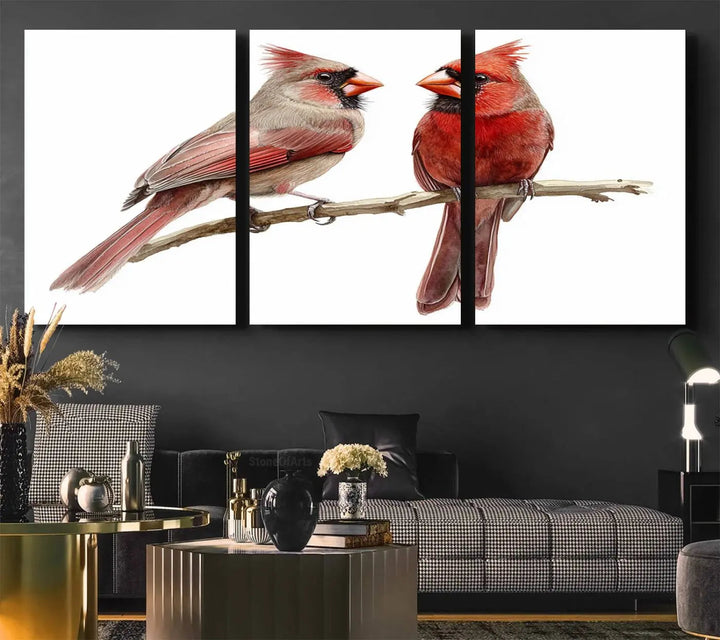 The kitchen dining area showcases the Cardinal Bird Canvas Wall Art, an abstract depiction of a male and female cardinal perched on a branch, offering a vibrant addition for bird lovers.