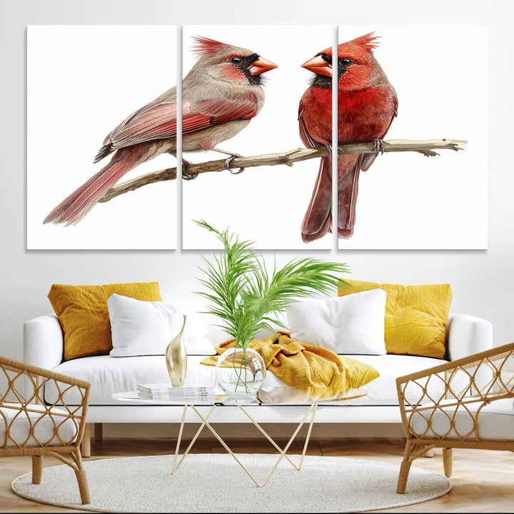 The kitchen dining area showcases the Cardinal Bird Canvas Wall Art, an abstract depiction of a male and female cardinal perched on a branch, offering a vibrant addition for bird lovers.