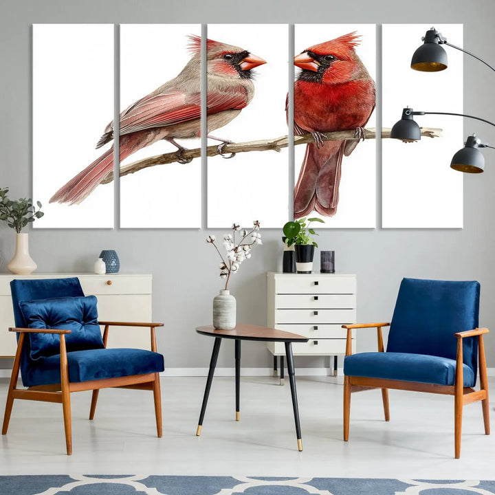 The kitchen dining area showcases the Cardinal Bird Canvas Wall Art, an abstract depiction of a male and female cardinal perched on a branch, offering a vibrant addition for bird lovers.