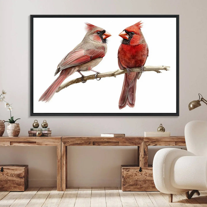 The kitchen dining area showcases the Cardinal Bird Canvas Wall Art, an abstract depiction of a male and female cardinal perched on a branch, offering a vibrant addition for bird lovers.