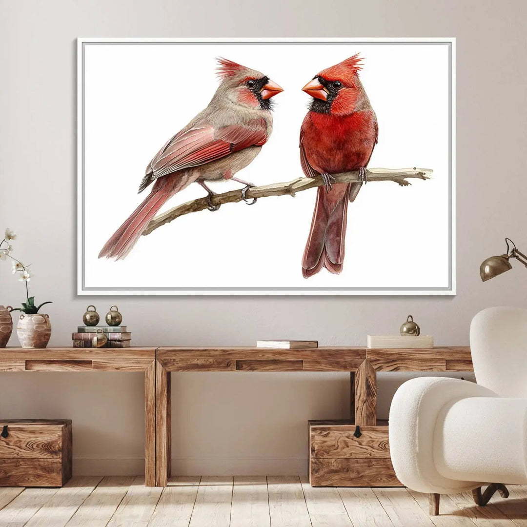 The kitchen dining area showcases the Cardinal Bird Canvas Wall Art, an abstract depiction of a male and female cardinal perched on a branch, offering a vibrant addition for bird lovers.