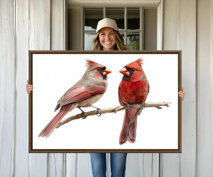 The kitchen dining area showcases the Cardinal Bird Canvas Wall Art, an abstract depiction of a male and female cardinal perched on a branch, offering a vibrant addition for bird lovers.