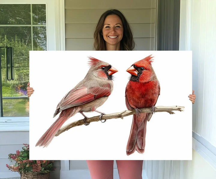 The kitchen dining area showcases the Cardinal Bird Canvas Wall Art, an abstract depiction of a male and female cardinal perched on a branch, offering a vibrant addition for bird lovers.