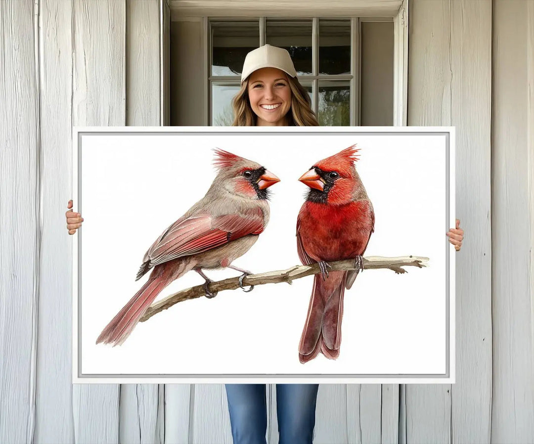 The kitchen dining area showcases the Cardinal Bird Canvas Wall Art, an abstract depiction of a male and female cardinal perched on a branch, offering a vibrant addition for bird lovers.