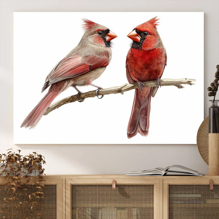 The kitchen dining area showcases the Cardinal Bird Canvas Wall Art, an abstract depiction of a male and female cardinal perched on a branch, offering a vibrant addition for bird lovers.