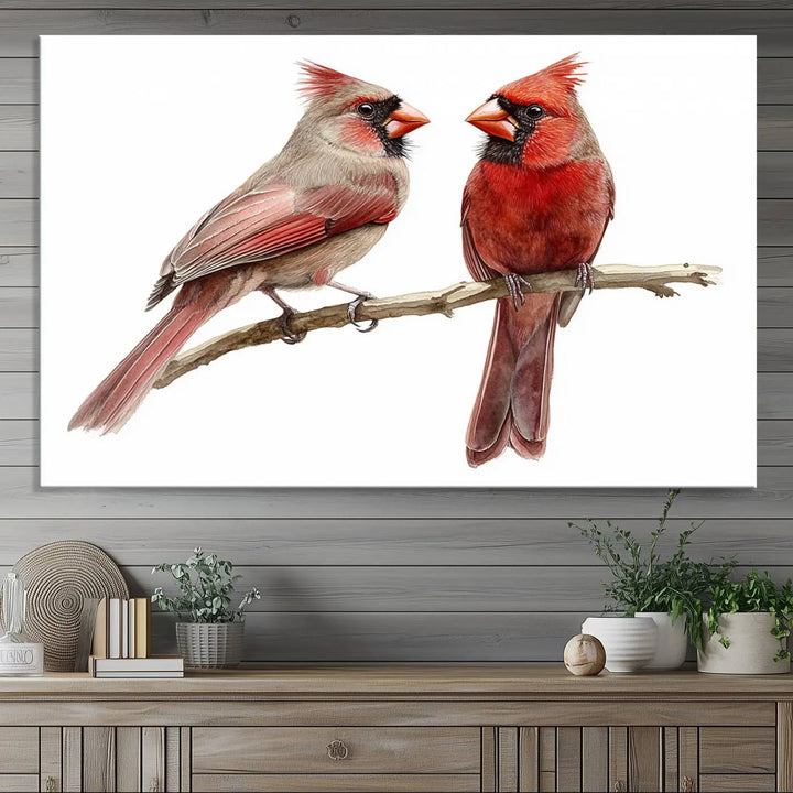 The kitchen dining area showcases the Cardinal Bird Canvas Wall Art, an abstract depiction of a male and female cardinal perched on a branch, offering a vibrant addition for bird lovers.