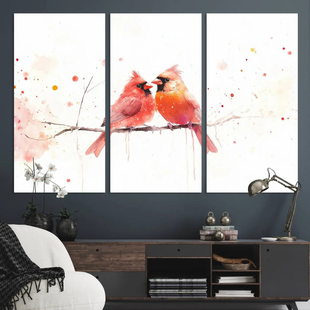 The "Cardinal Bird Canvas Wall Art - Male and Female Cardinal Print" brings charm to the cozy kitchen. Handmade in the USA, this nature-inspired art piece enhances the room's inviting atmosphere with its vibrant wildlife depiction.