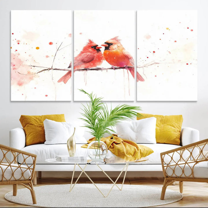 The "Cardinal Bird Canvas Wall Art - Male and Female Cardinal Print" brings charm to the cozy kitchen. Handmade in the USA, this nature-inspired art piece enhances the room's inviting atmosphere with its vibrant wildlife depiction.