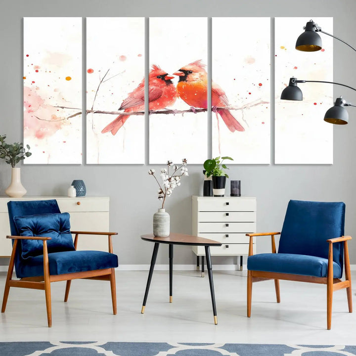 The "Cardinal Bird Canvas Wall Art - Male and Female Cardinal Print" brings charm to the cozy kitchen. Handmade in the USA, this nature-inspired art piece enhances the room's inviting atmosphere with its vibrant wildlife depiction.