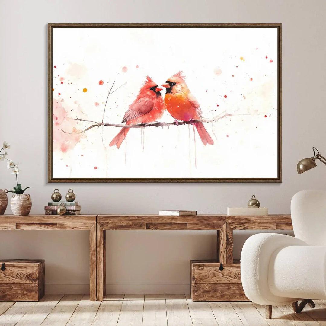 The "Cardinal Bird Canvas Wall Art - Male and Female Cardinal Print" brings charm to the cozy kitchen. Handmade in the USA, this nature-inspired art piece enhances the room's inviting atmosphere with its vibrant wildlife depiction.