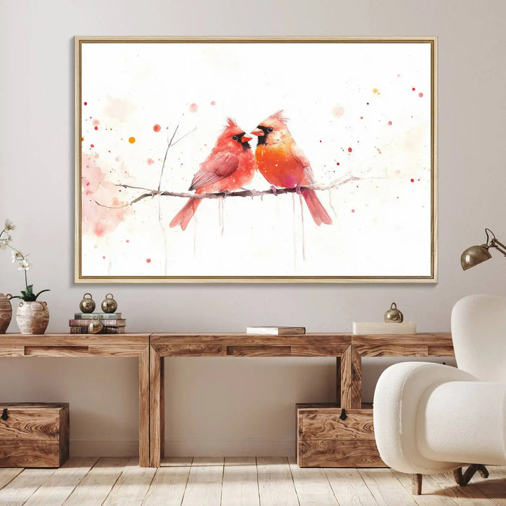 The "Cardinal Bird Canvas Wall Art - Male and Female Cardinal Print" brings charm to the cozy kitchen. Handmade in the USA, this nature-inspired art piece enhances the room's inviting atmosphere with its vibrant wildlife depiction.