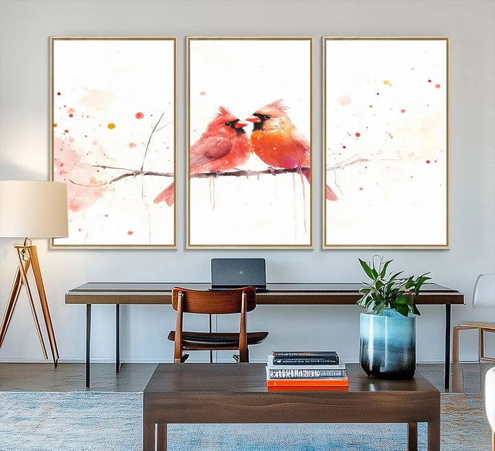 The "Cardinal Bird Canvas Wall Art - Male and Female Cardinal Print" brings charm to the cozy kitchen. Handmade in the USA, this nature-inspired art piece enhances the room's inviting atmosphere with its vibrant wildlife depiction.