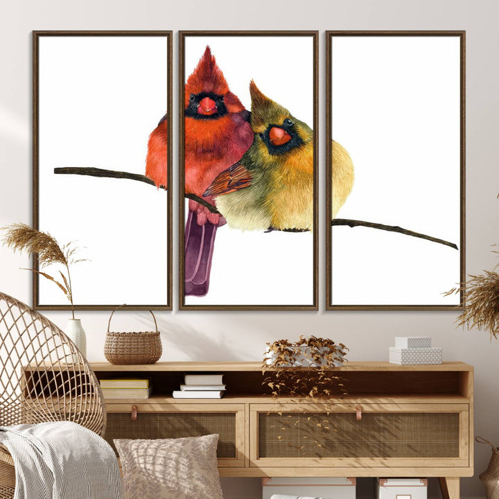 Vibrant Cardinal Bird Canvas Wall Art, featuring male and female cardinals, perfect nature-inspired decor with wildlife accents.